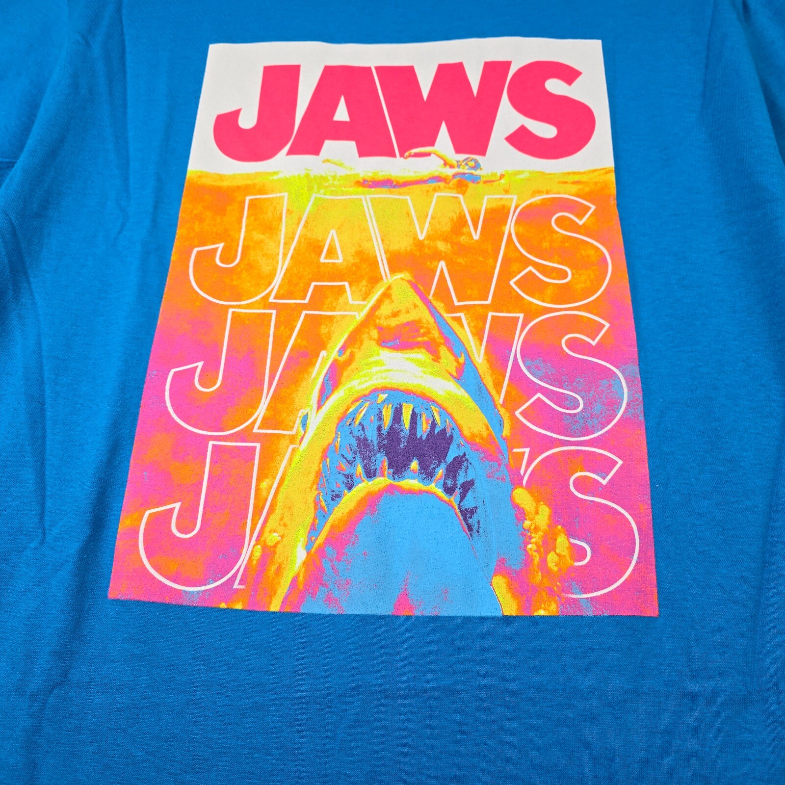 JAWS Shirt Mens Large Blue Orange Casual Movie Film Shark Poster Swimmer NWT