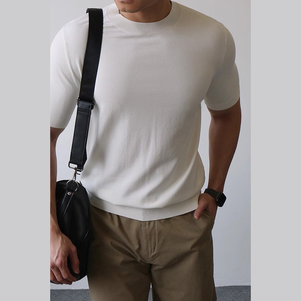 Mens Knitted Half-High Collar Short Sleeve T-Shirt Casual Slim Knit Pullover Top