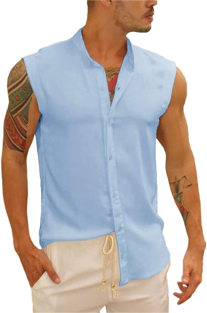 Mens Linen Cotton Sleeveless Button Down Shirts Summer Beach Casual Tank Tops