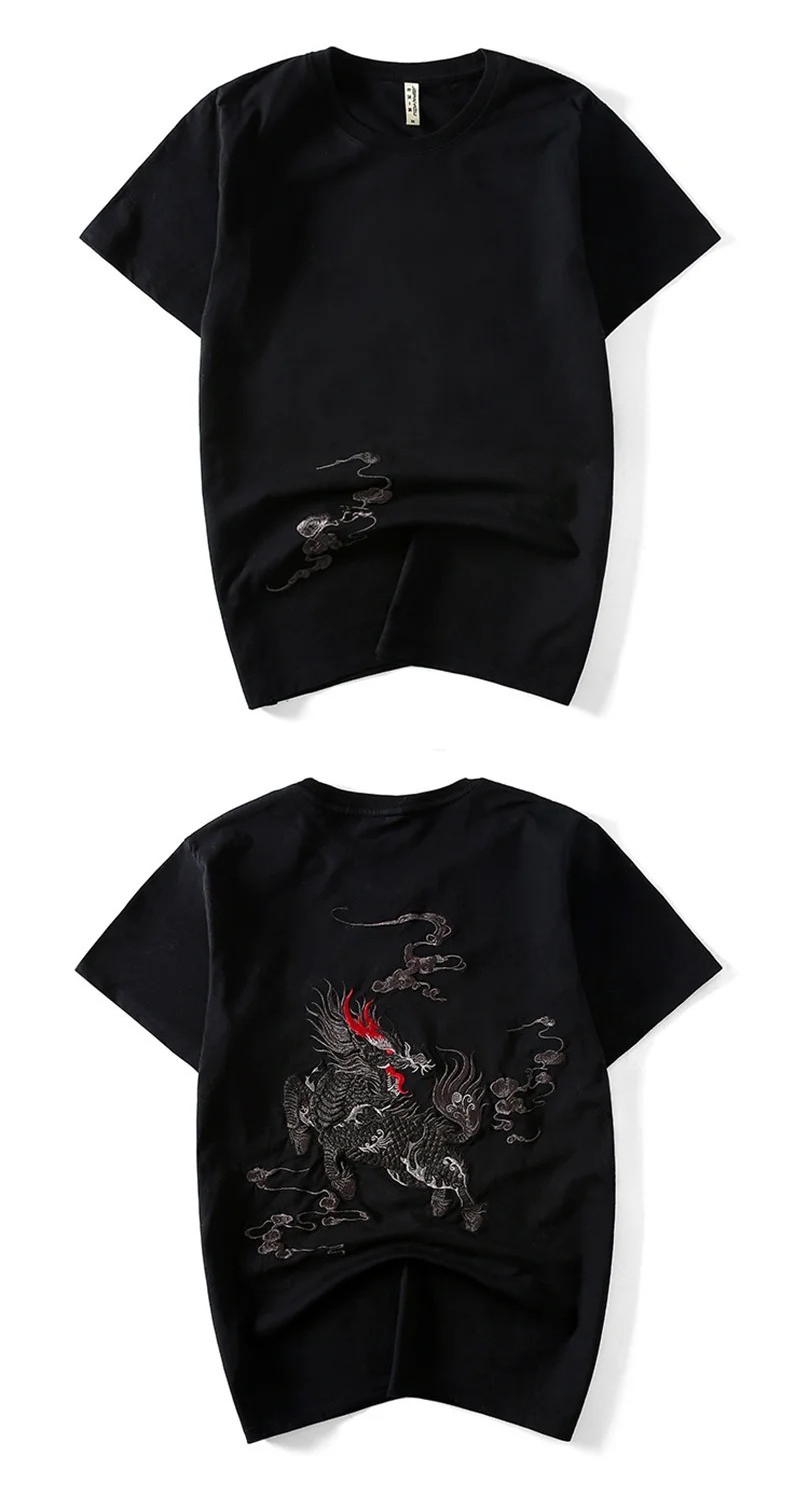 Men Embroidered Mythical Beast T-Shirt Sukajan Cotton Short Sleeve Hip Hop Tee