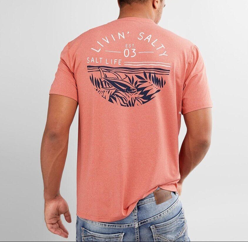 Salt Life Fish Tropics Performance T-Shirt Burnt Coral Heather Size Medium