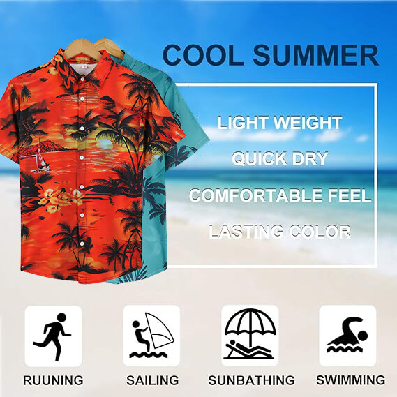 Men Hawaiian Shirts Floral Palm Tree Sunset Surf Beach Party Holiday Stag Dance