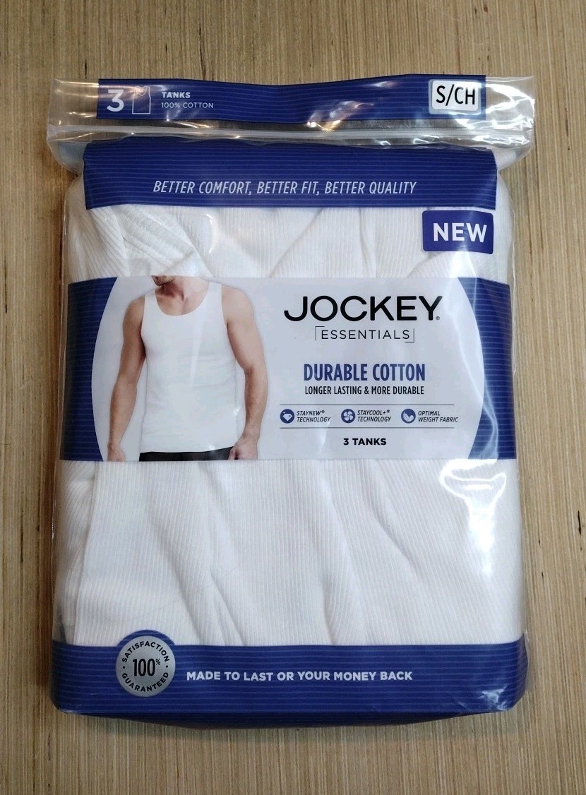 Mens Jockey Essentials Tank Tops, Size Small, 3 pack S/CH White