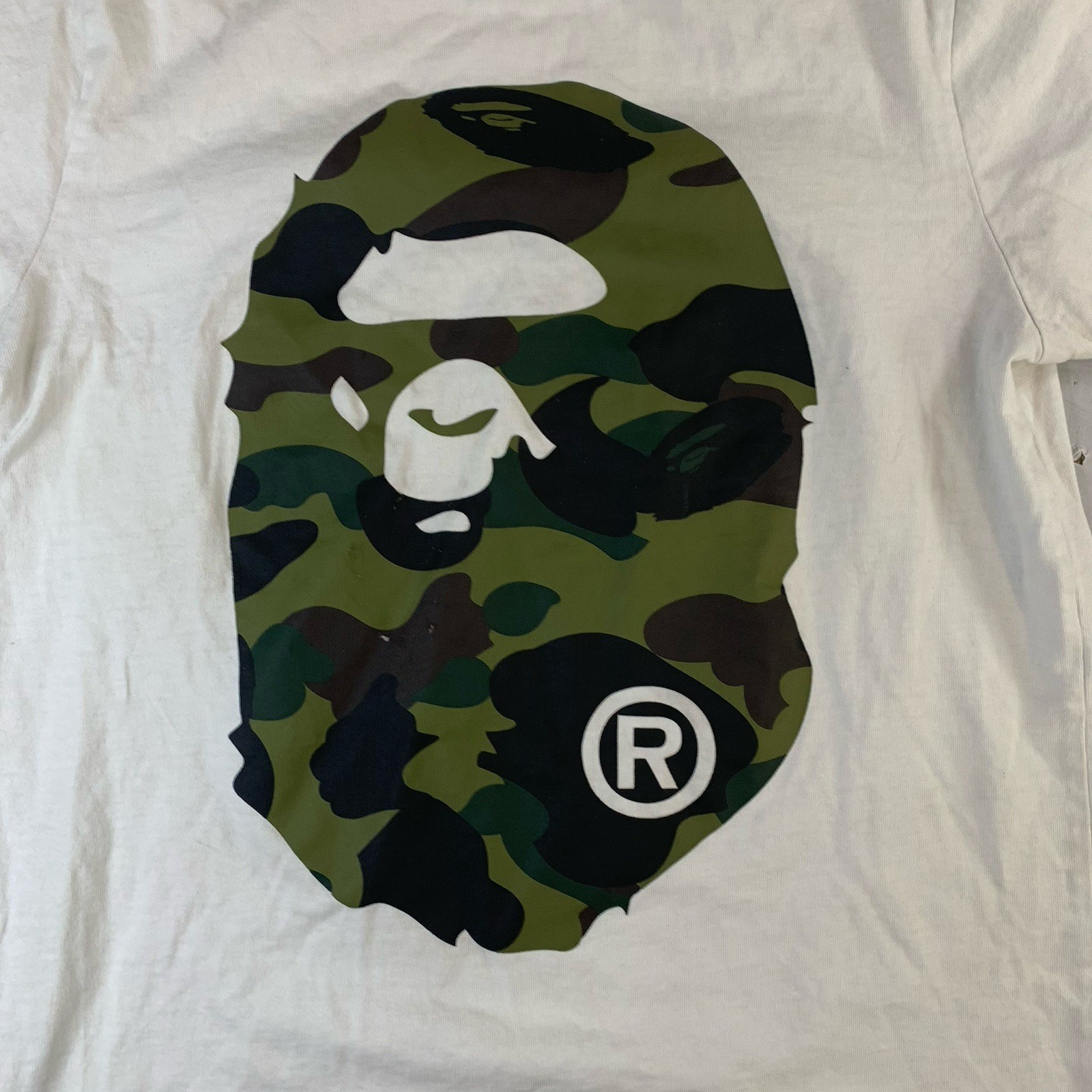 BAPE A Bathing Ape Size 8 Ladies White T-Shirt Green Camo Head