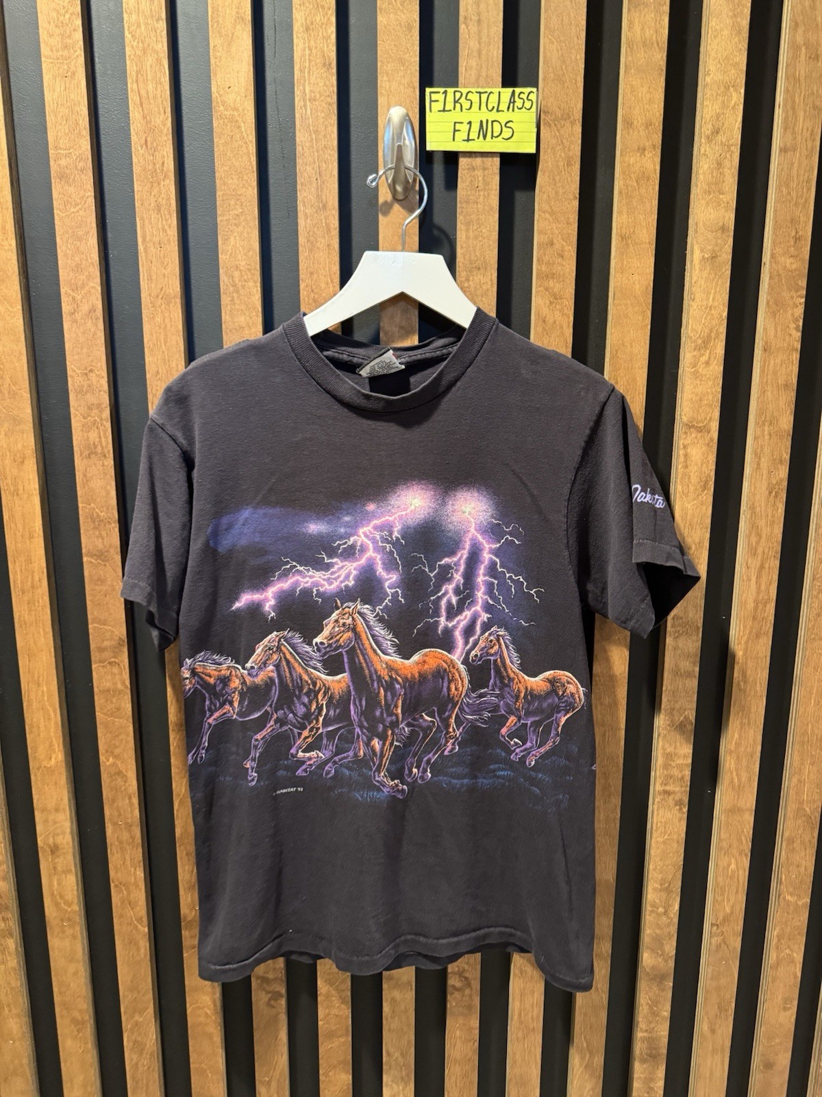 VINTAGE 90s Signal Sports Lightning Horses AOP Wrap Around Black Shirt Size M