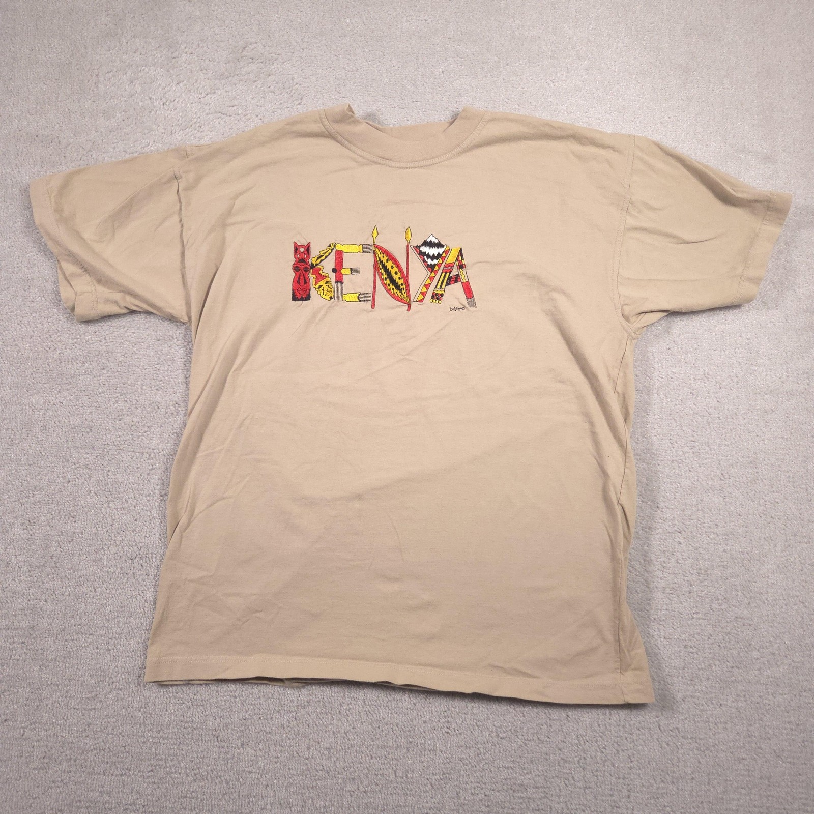 Dash Clothing Shirt Mens Large Beige Kenya Embroidered Graphic Tee Africa Travel