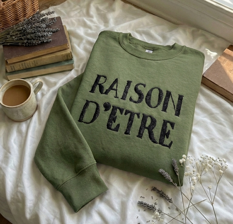 Embroidered Raison D’Etre Sweatshirt, Retro TV Quote Unisex Crewneck