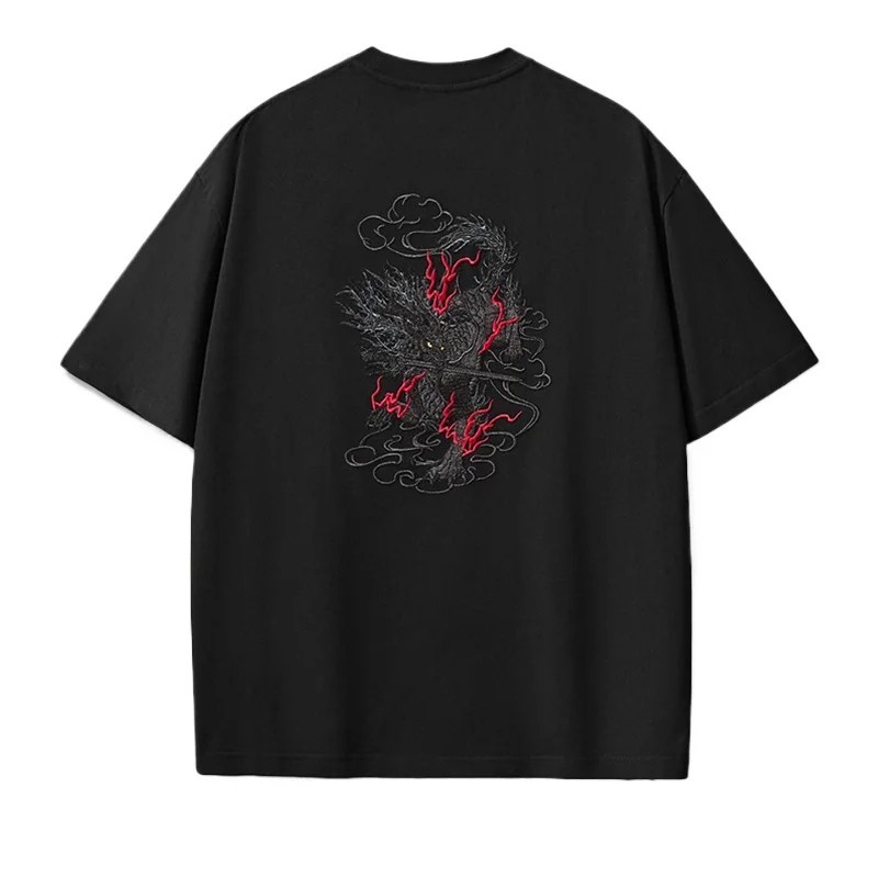 Men’s Embroidered Mythical Dragon T-Shirt Casual Short Sleeve Cotton Streetwear