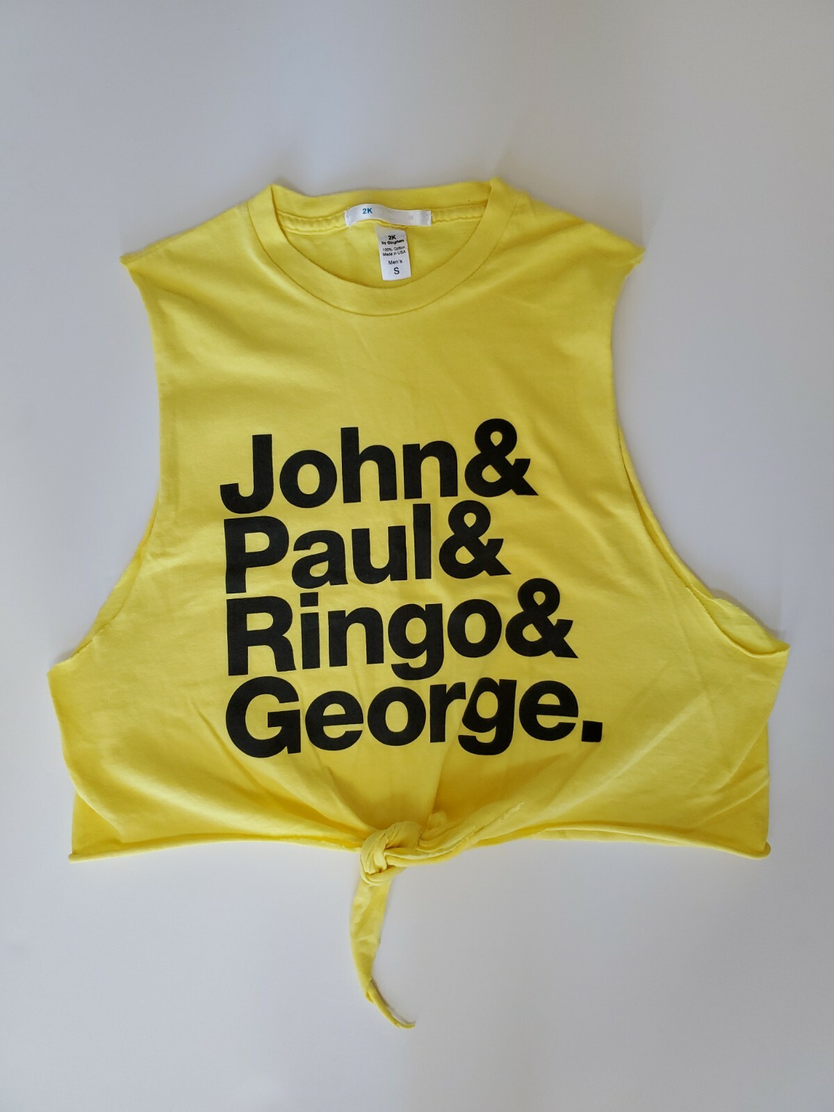 The Beatles Names Graphic T2K By Gingham Yellow Muscle T-shirt w/ Knot Tie Waist