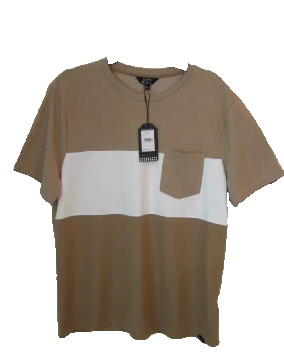 New Ben Sherman Mens T-Shirt Sand White Crew Neck Short Sleeve