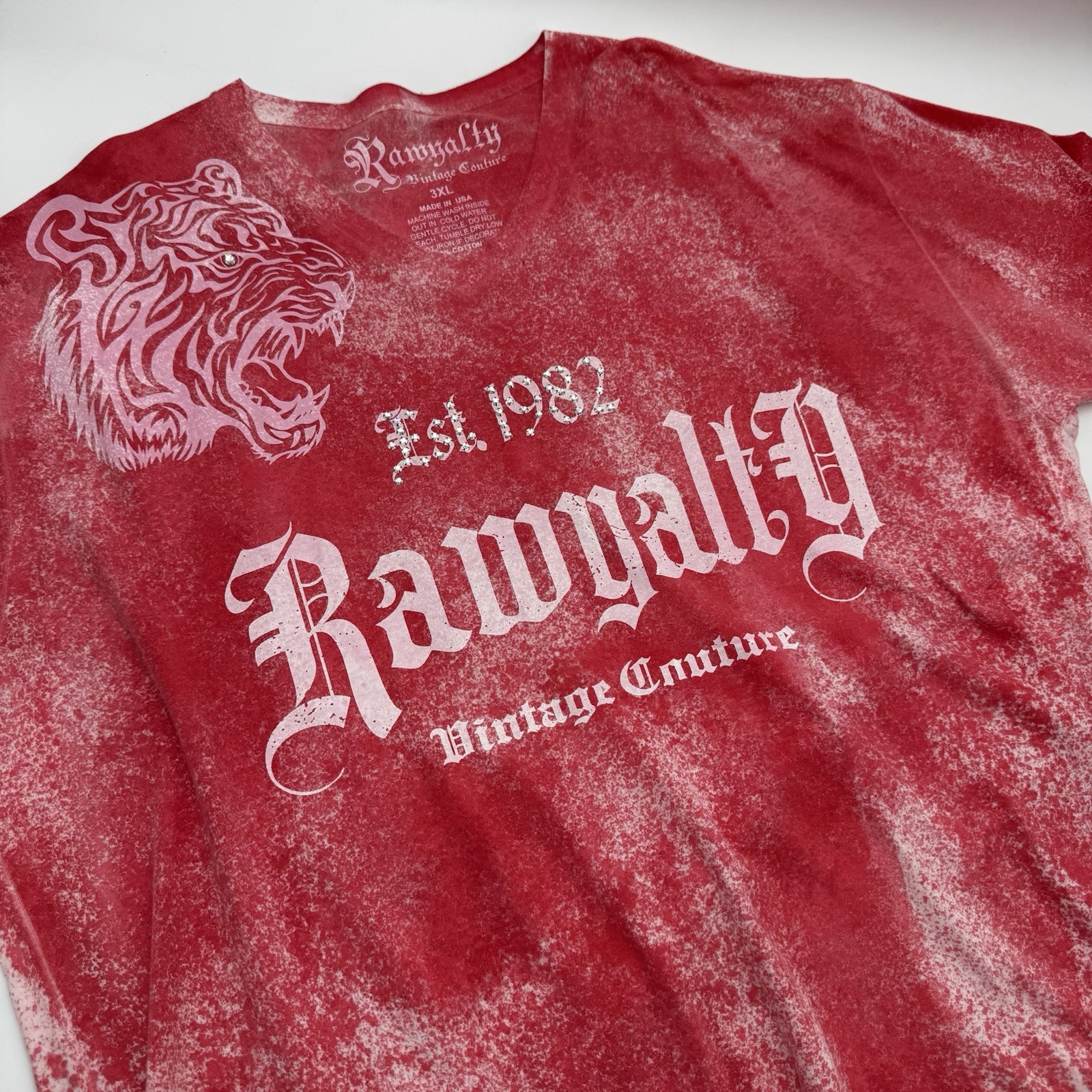 Rawyalty Couture T-Shirt Mens 3XL Red Silver Foil Rhinestone V-Neck Streetwear