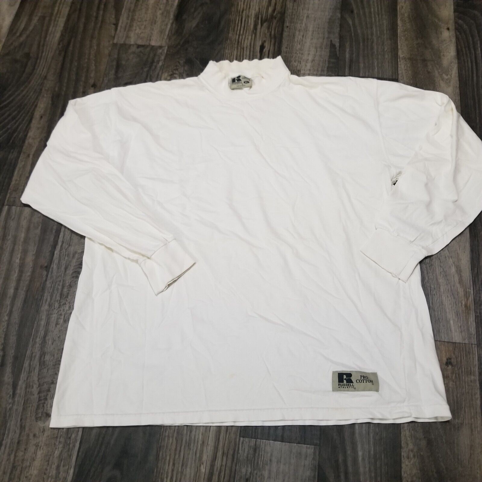 VTG Russell Athletic Longsleeve Mens High Neck Blank Pullover Made USA XL Cream