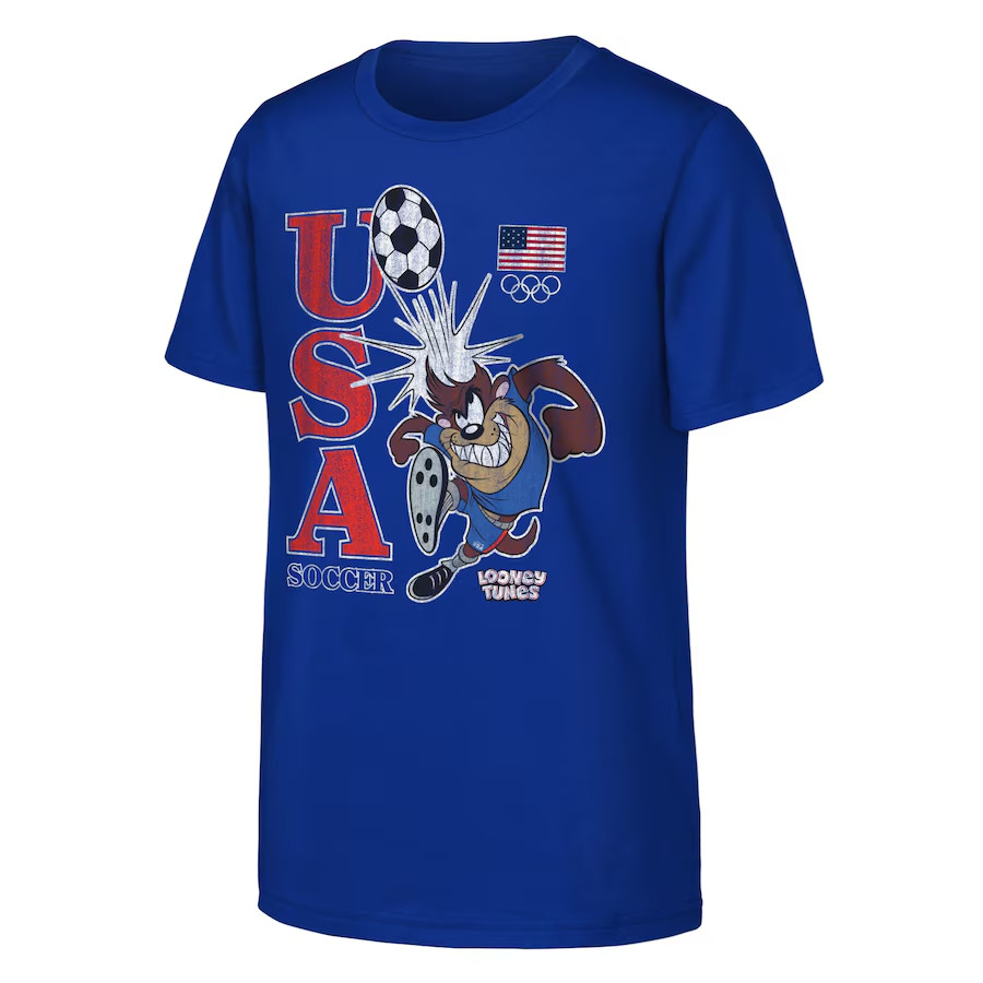 Tasmanian Devil Team USA Looney Tunes Soccer Royal T-Shirt Youth LARGE 14-16