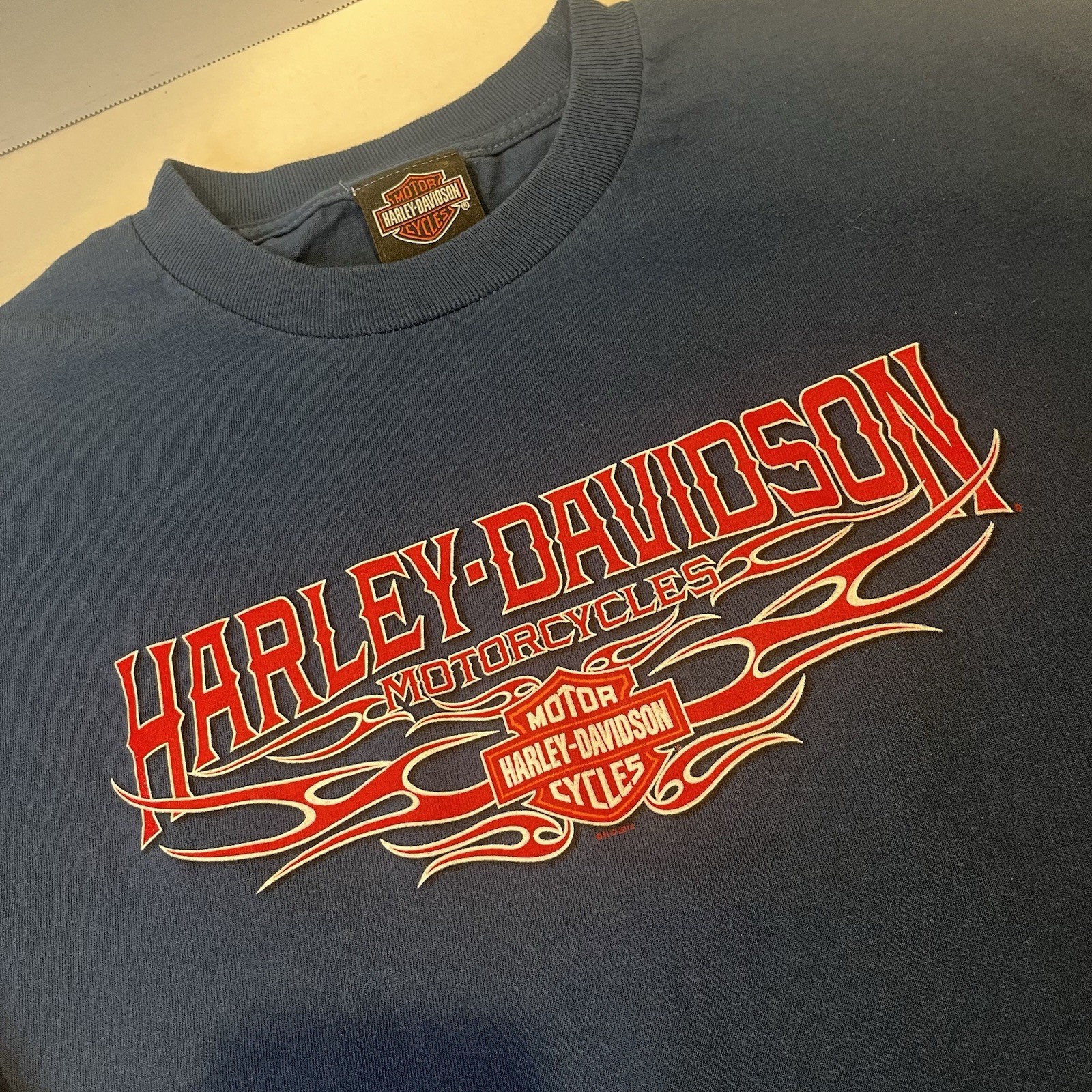 Harley Davidson Large Blue Long Sleeve Graphic T Shirt Kansas City Flames Clean