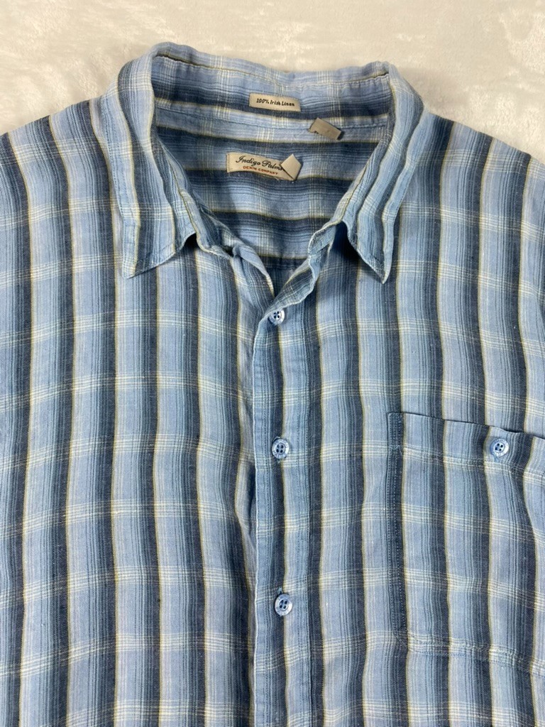 Indigo Palms 100% Irish Linen Shirt Men Sz XL Blue Plaid Short Sleeve Resort