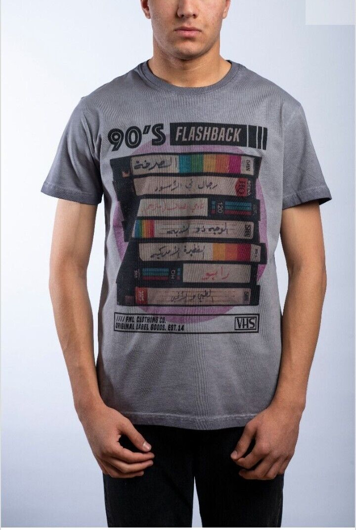 90s Flashback VHS Cassettes T-shirt Large Gray Arabic FNL Original Label Goods