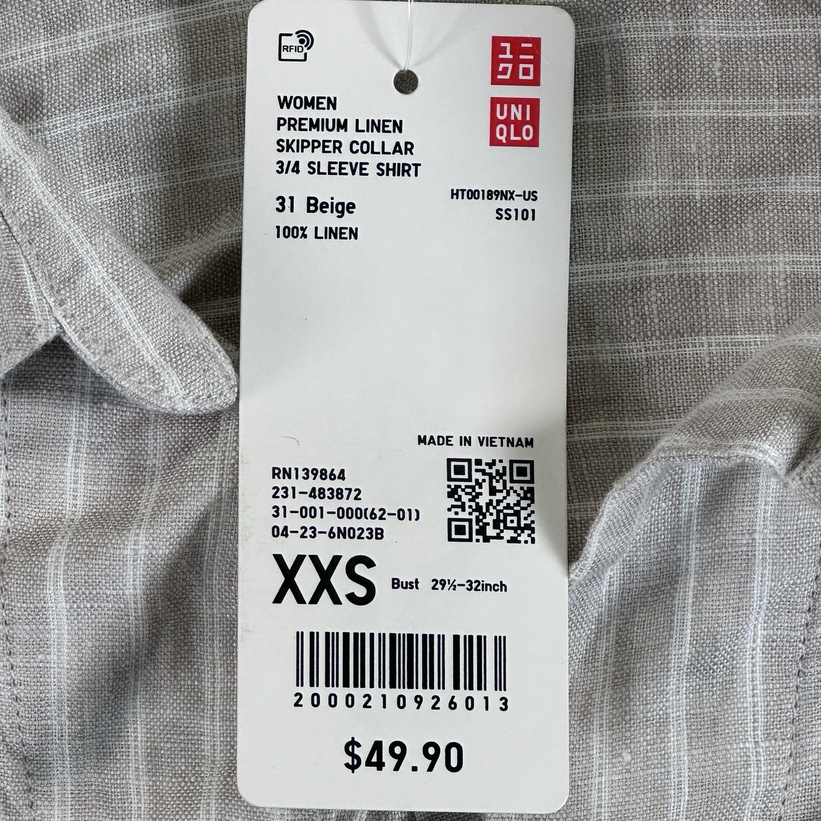 Uniqlo Linen T-Shirt Women XXS Linen Skipper Collar 3/4 Sleeve Shirt Striped