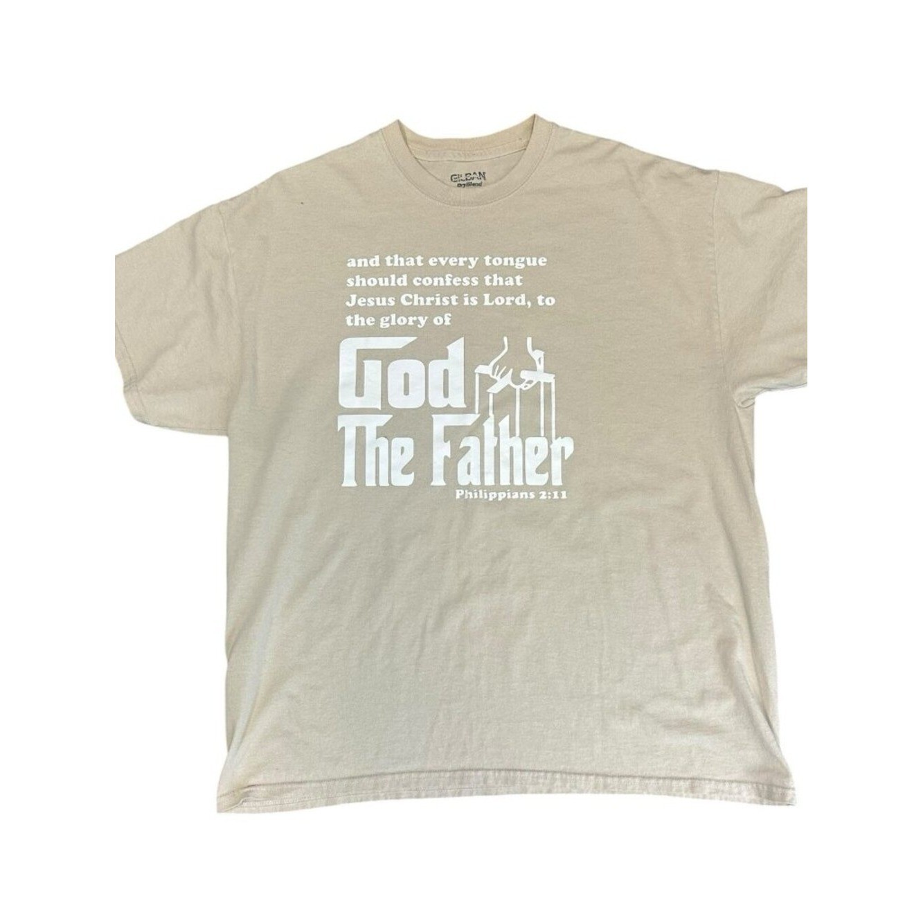 Gildan Dry Blend MGM Laser God The Father Philippians 2:11 Tan Shirt Size XL