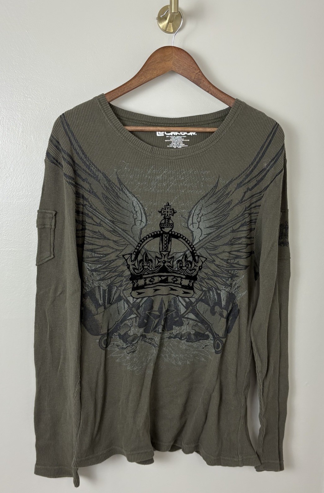 Carbon Men’s XL Y2K Winged Up Long-Sleeve Thermal Shirt Green Grunge Skater Punk