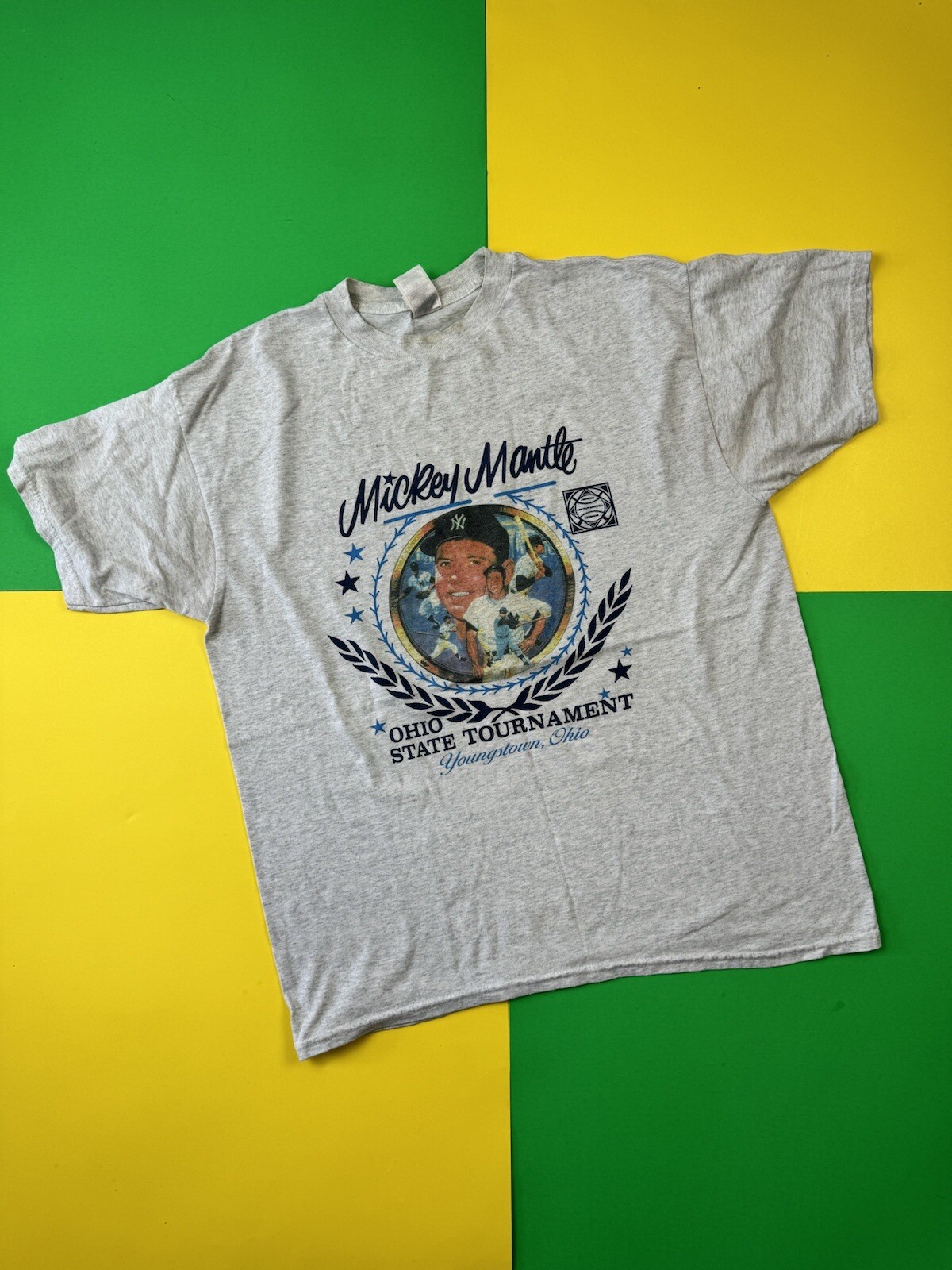 Vintage 90s Mickey Mantle New York Yankees Graphic Baseball Shirt Size XL Gray