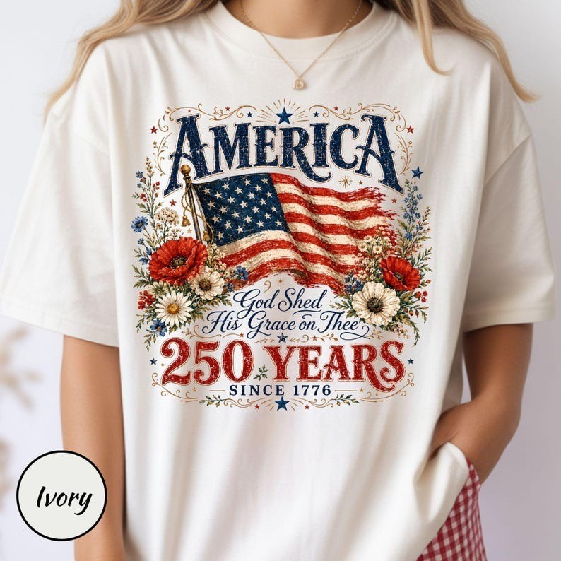 America 250 Years Since 1776 Vintage USA Flag Floral Patriotic T-Shirt