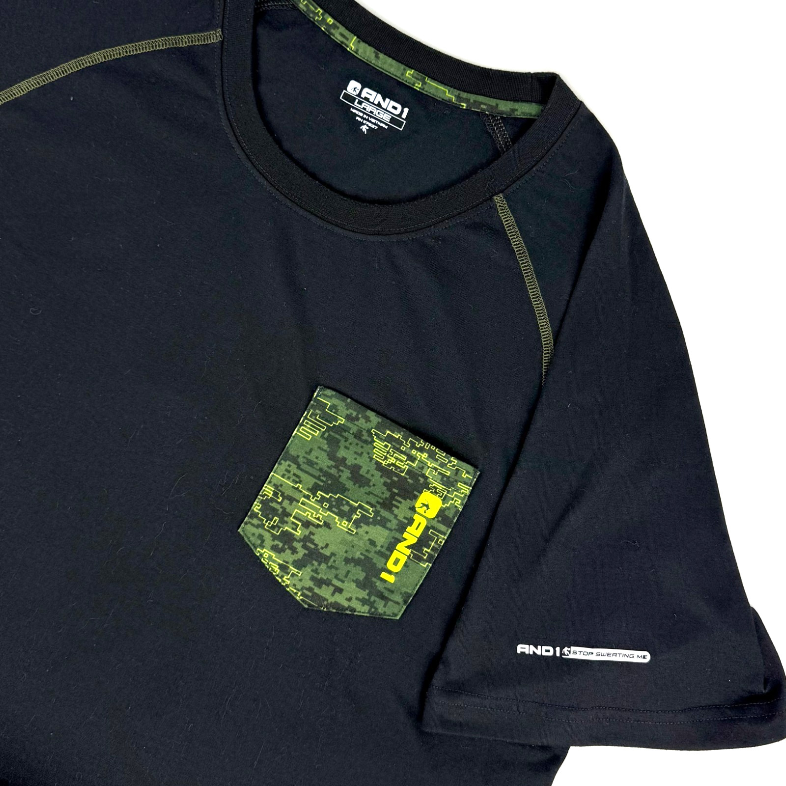 Vintage Y2K AND1 Athletic T Shirt Black 100% Polyester Green Camouflage Pocket L