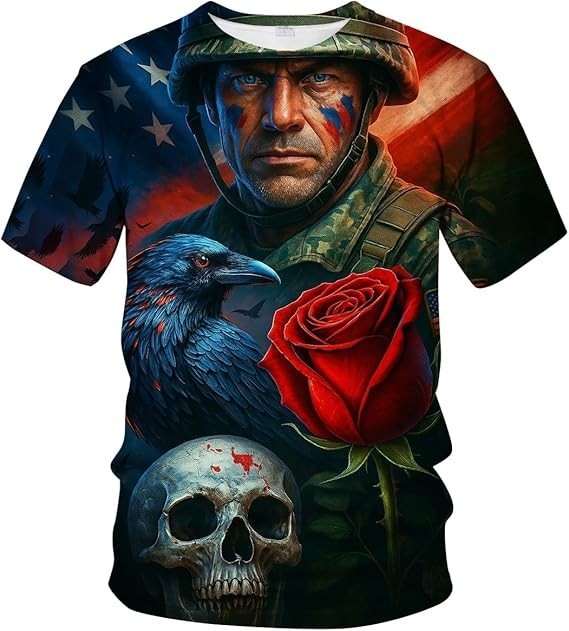 3D US Soldier American Flag T-Shirt Veteran Skull Raven Rose Graphic Tee AOP