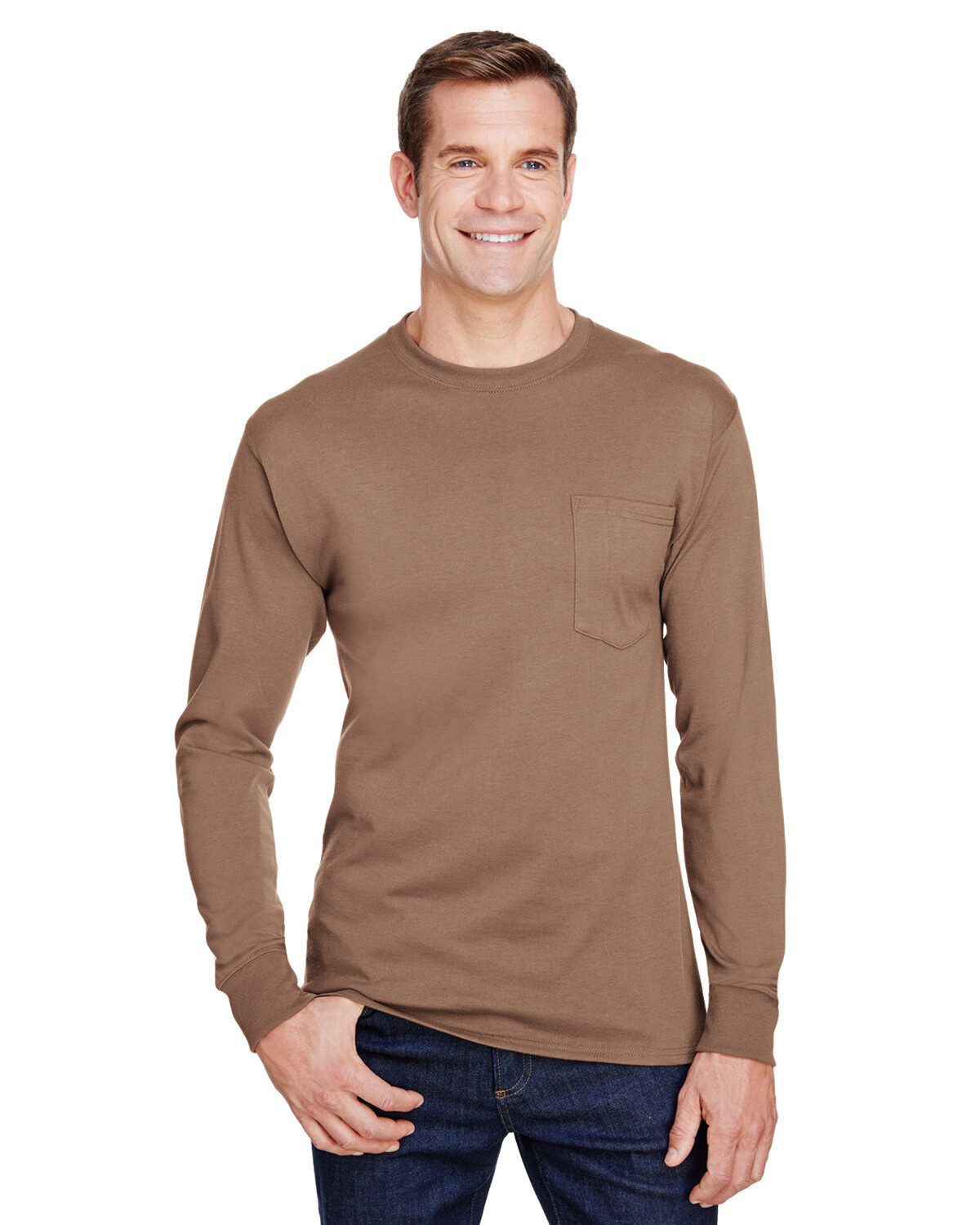 Hanes Adult 5.3 oz. Poly Cotton Workwear Long Sleeves Pocket T-Shirt W120 S-4XL