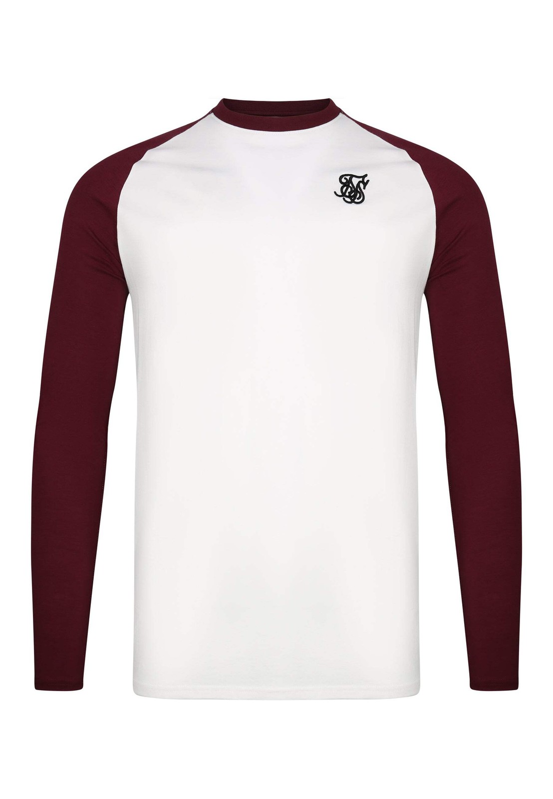 SikSilk Men’s Long Sleeved Muscle Fit T-Shirt Tee White and Burgundy