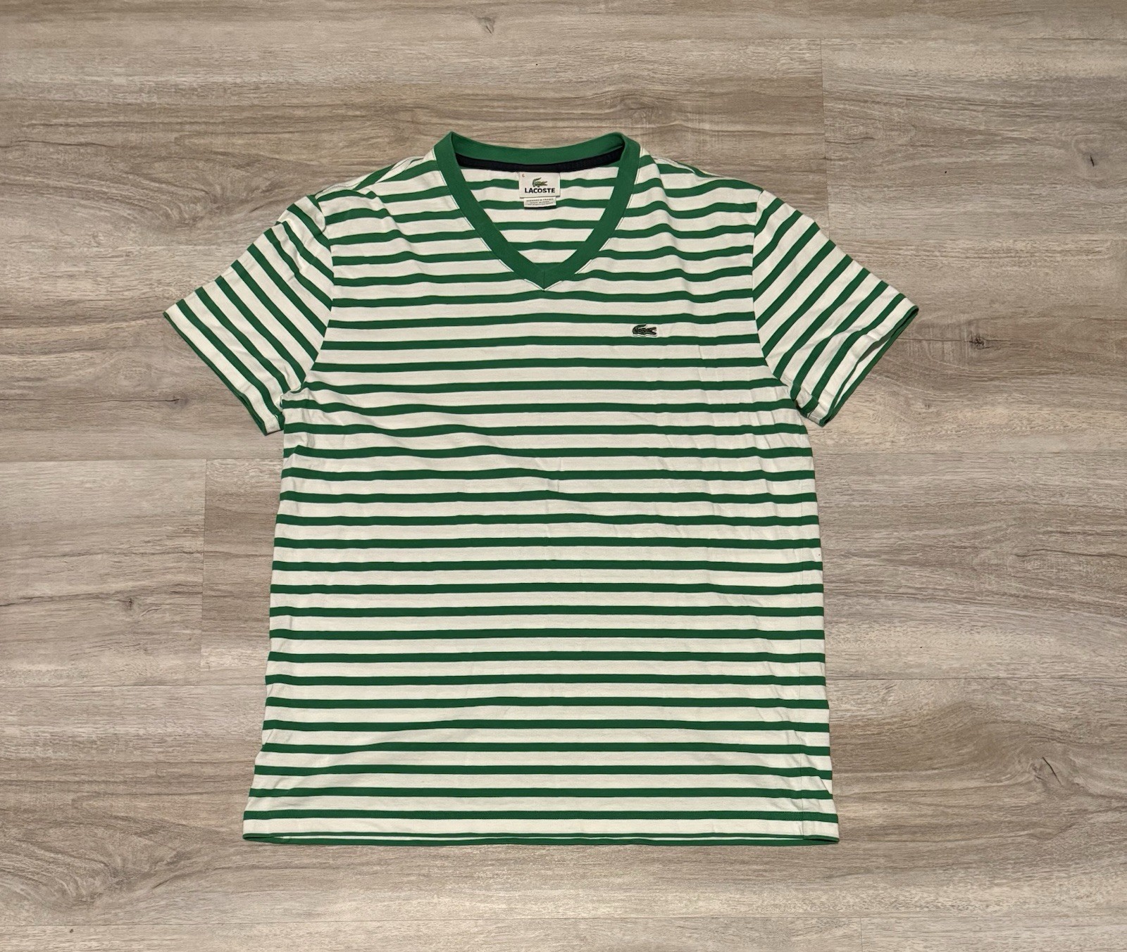 Lacoste Men’s V Neck Green White Stripe Alligator Logo T Shirt Size Medium/6
