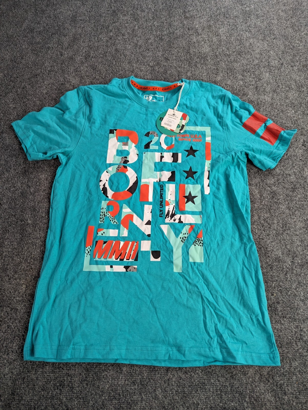 Born Fly T-shirt Mens Small Teal Anytown USA NWT