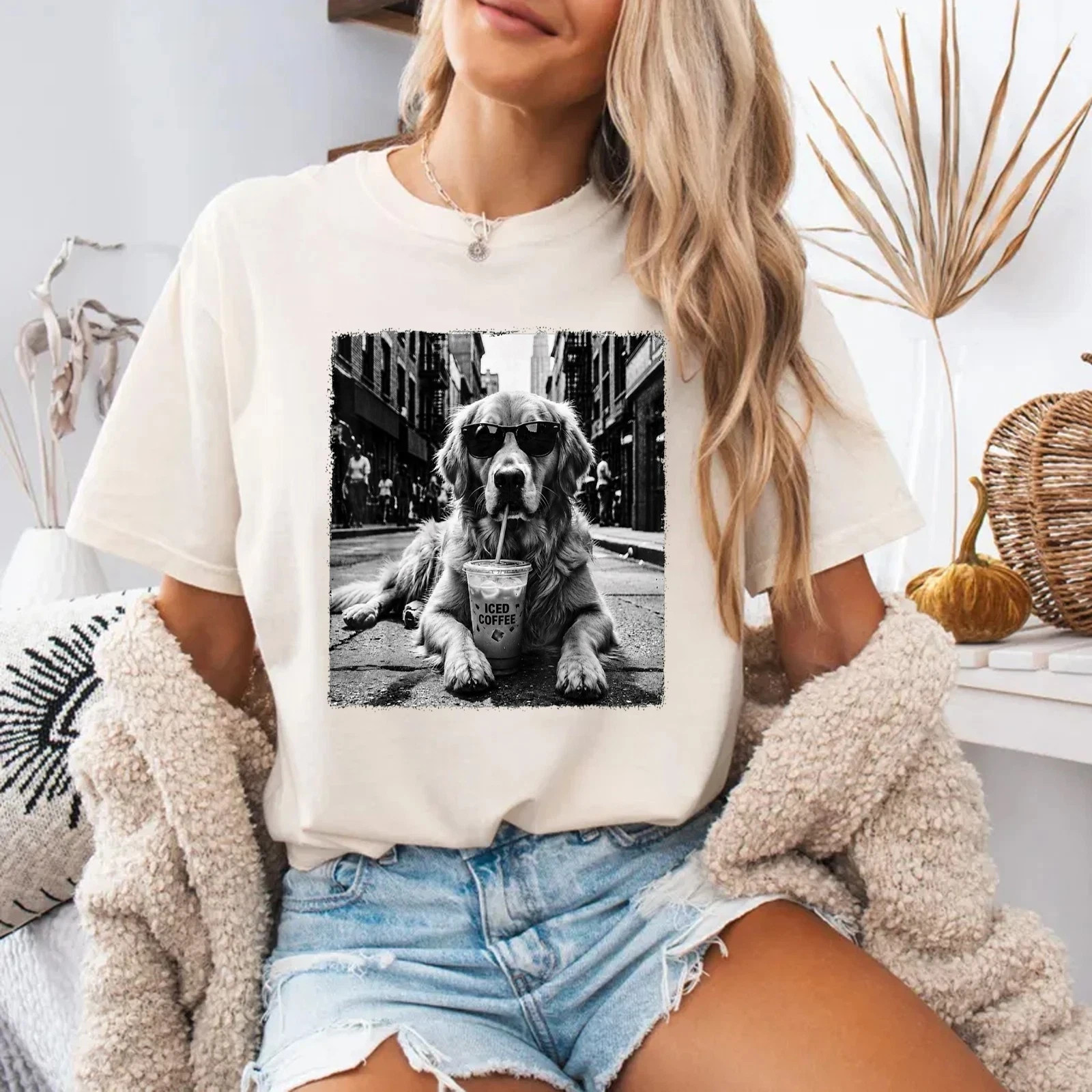 Golden Retriever Drinking Iced Milk Coffee Dog Lover Art Humor Unisex T-Shirt