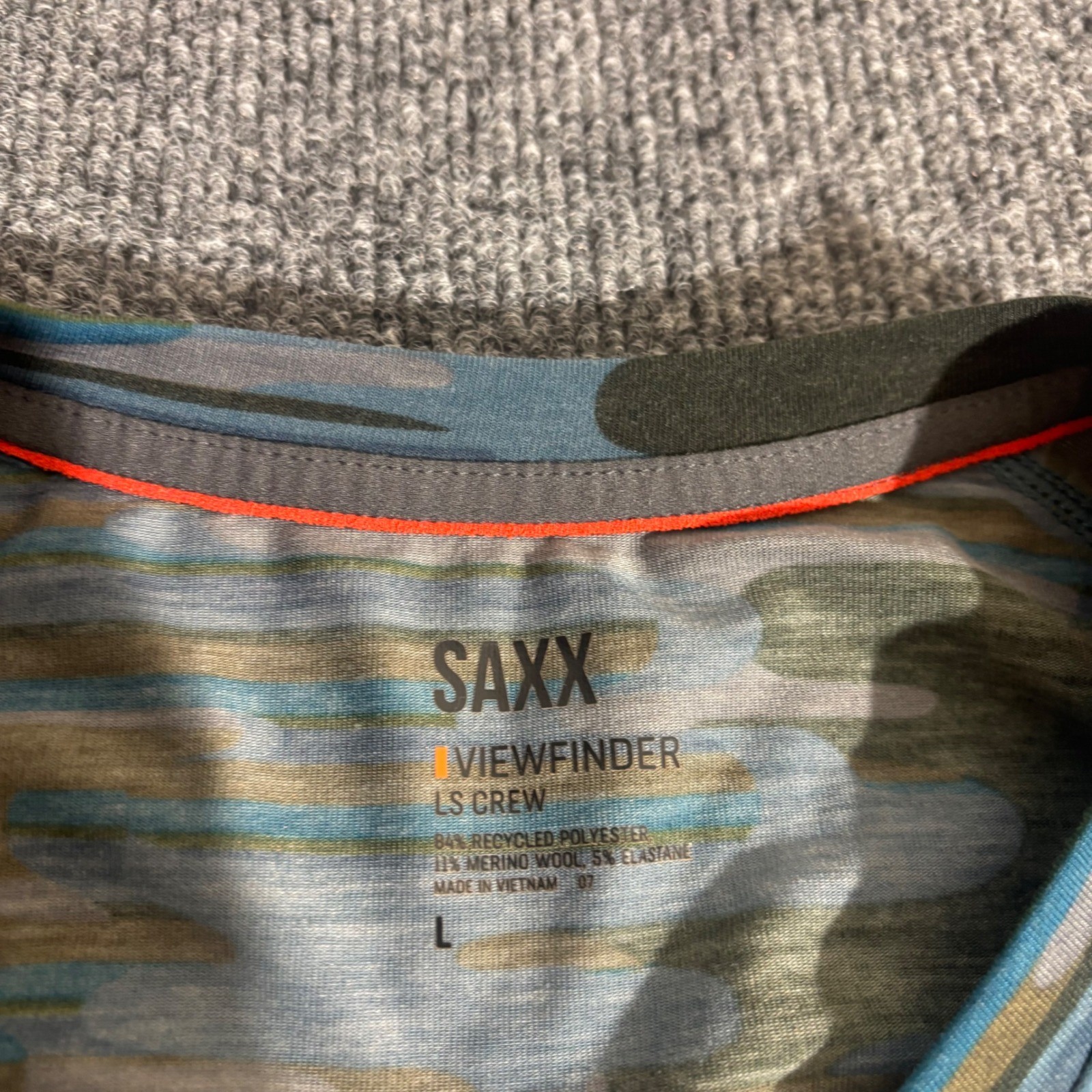 Saxx Viewfinder LS Crew Mens Large Blue Camo Merino Wool Blend Base Layer Top