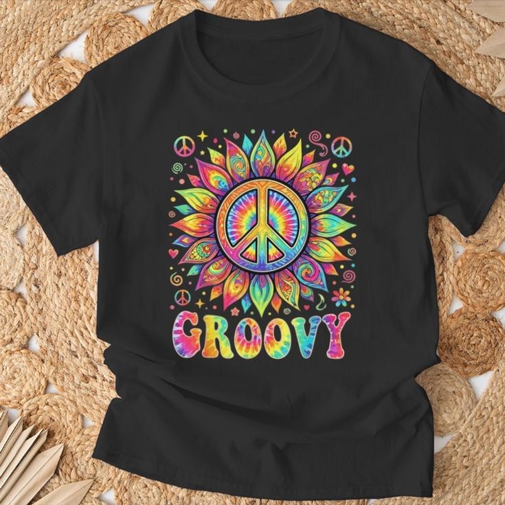 Vintage 70s Tie Dye T-Shirt Groovy Sunflower Peace Sign Hippie Festival Tee