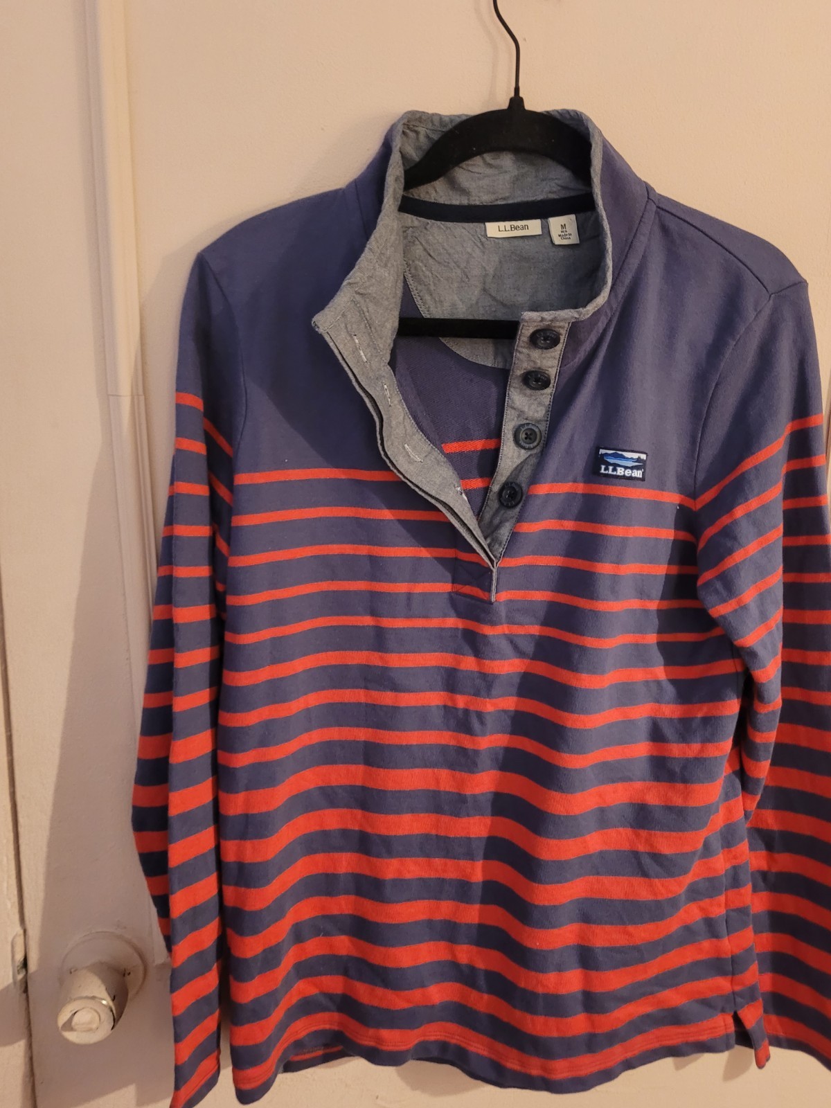 L.L.Bean womens M Regular Henley Long Sleeve Striped T-Shirt Blue Red Gray