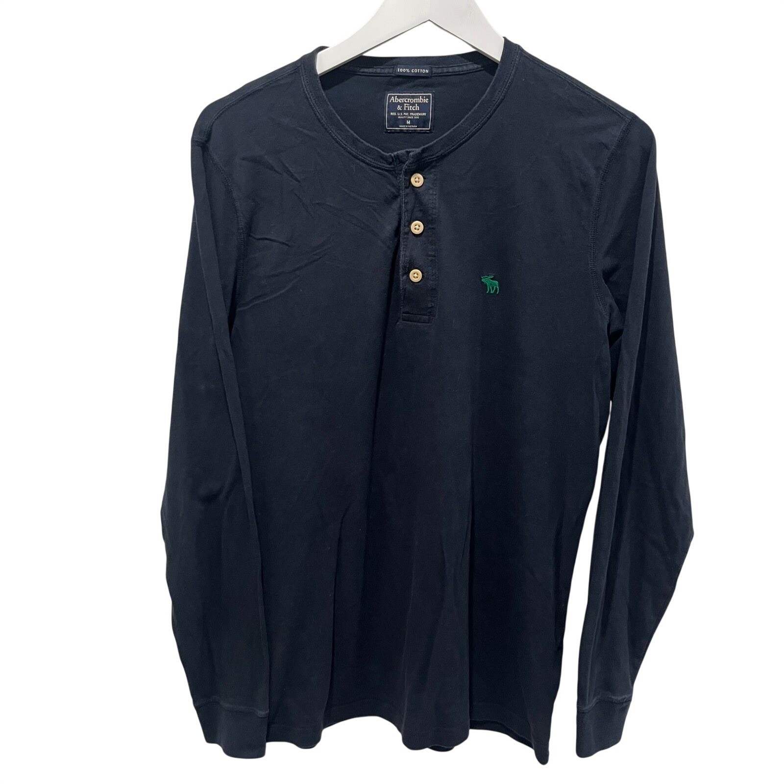 Abercrombie & Fitch Mens Long Sleeve Henley Shirt Blue M Logo Casual Top Preppy
