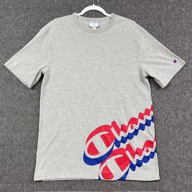 Champion Shirt Mens XL Gray Red Blue Script Logo Graphic Short Sleeve Crew Tee