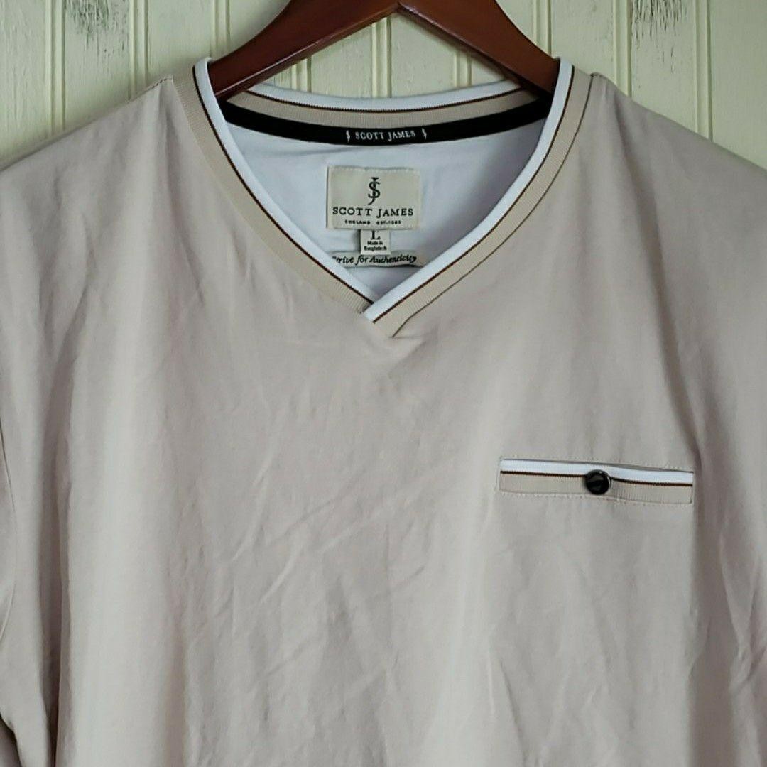 Scott James Shirt Mens Large Beige V-Neck Ringer Pocket Trim Jersey Tee