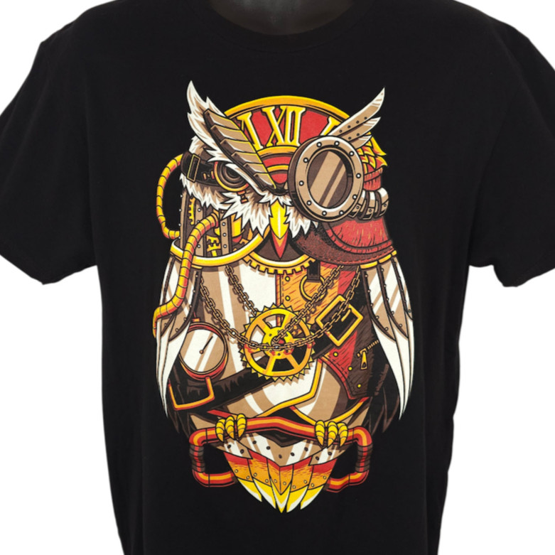 Steampunk Owl T Shirt Mens Size Large Black Retro Futuristic Clockwork Clock