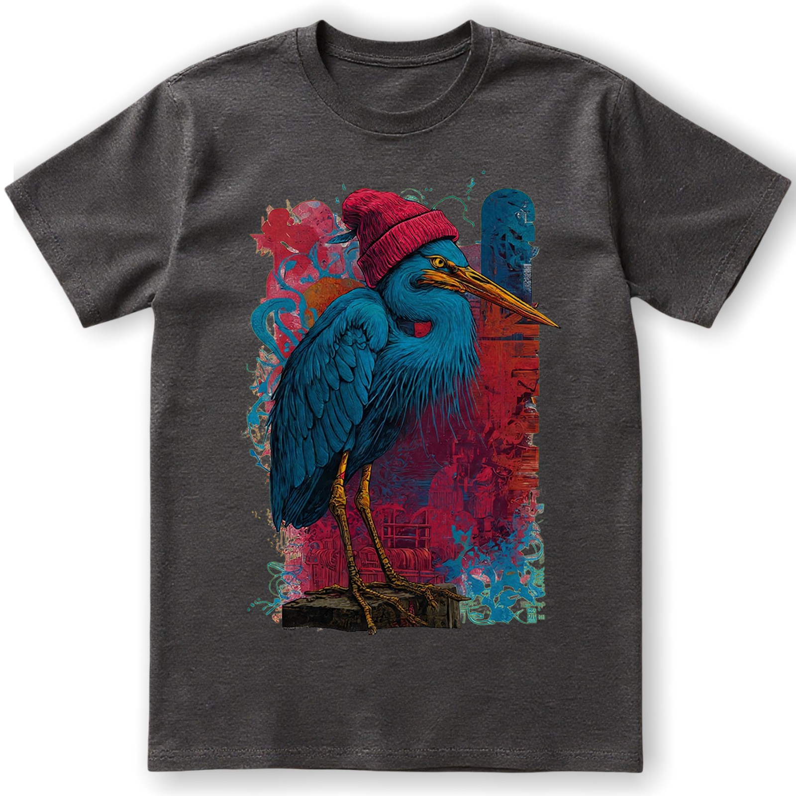 Blue Heron Bird T-Shirt Red Beanie Hat Urban Art Hipster Nature Lover Gift