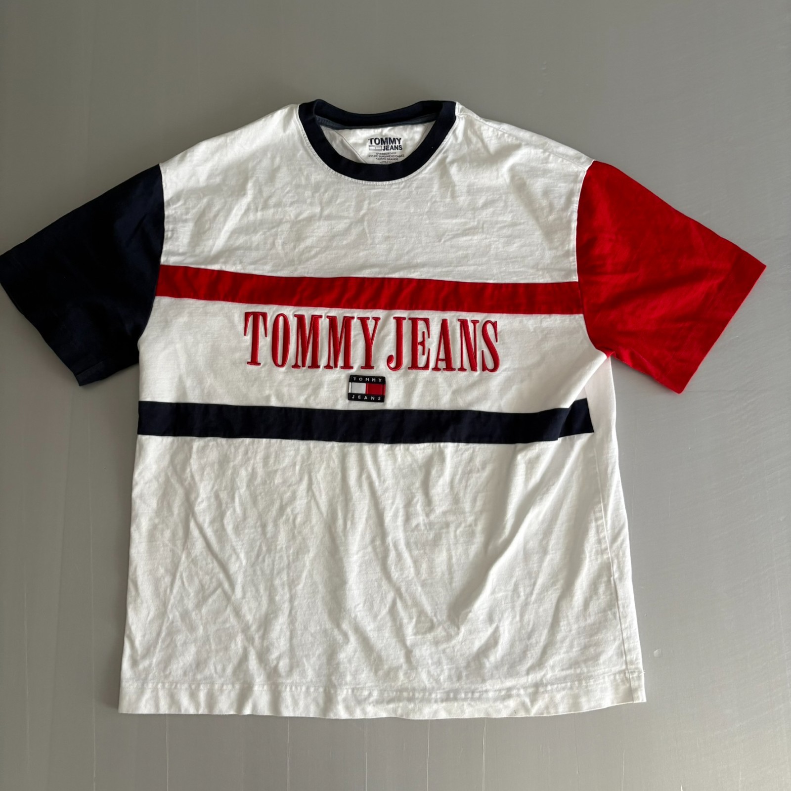 Tommy Jeans Oversized Fit Color Block T-Shirt L Flag Logo Embroidered VTG 90 80