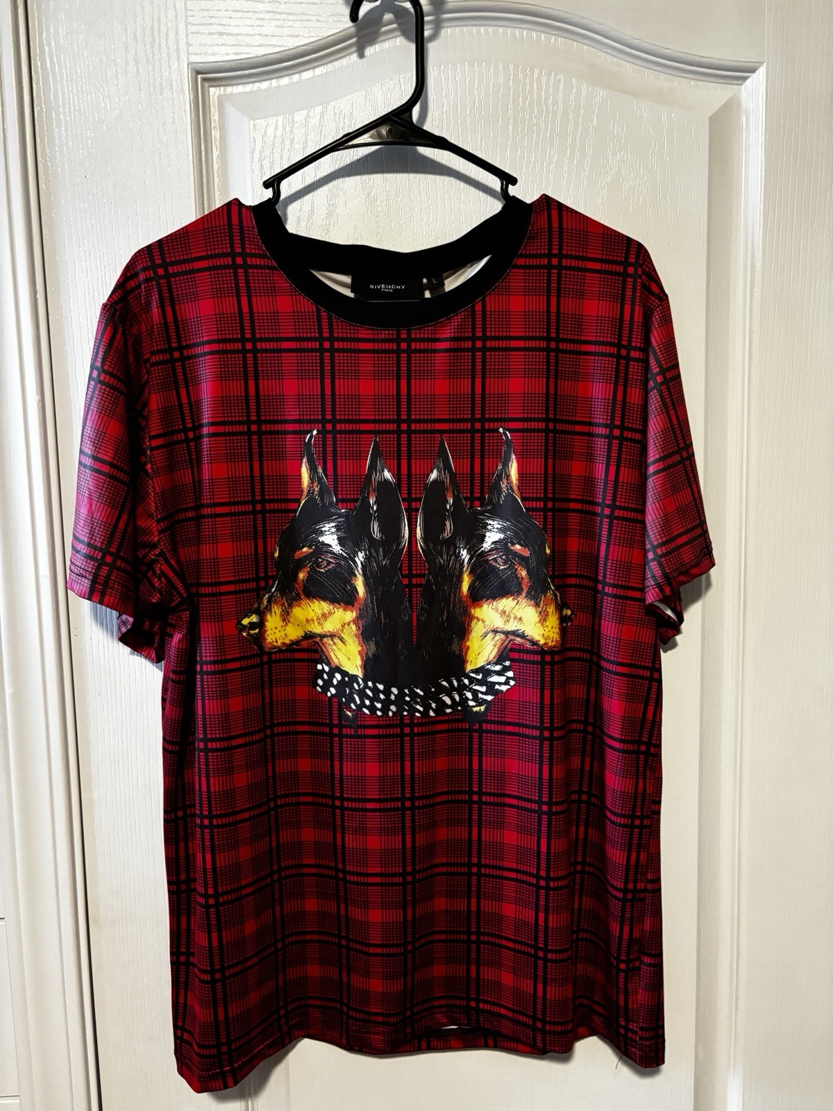 Unisex Plaid Doberman Casual Short Sleeve Dry Clean Only Cotton Size Large