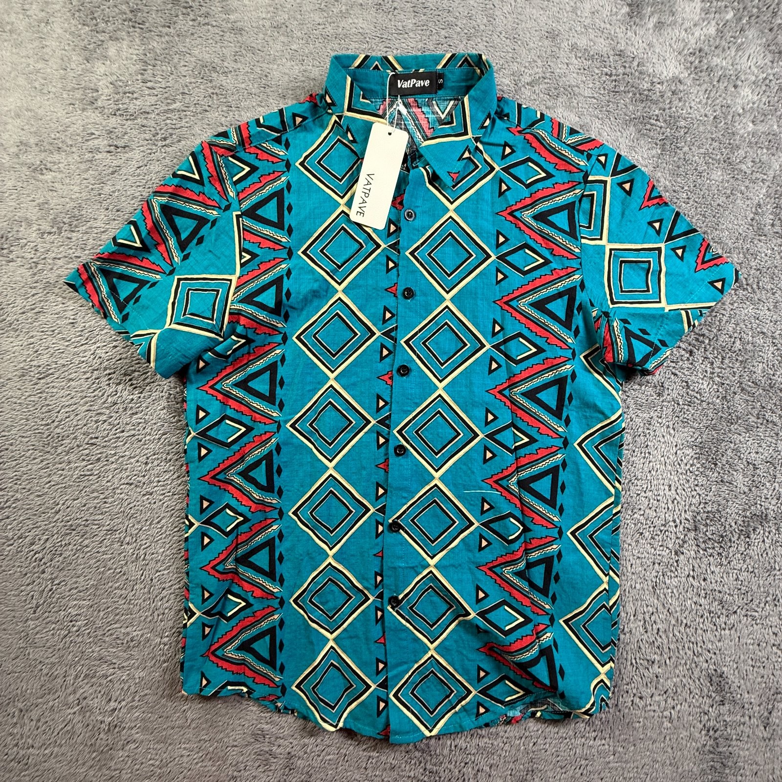 VatPave Men’s S Cotton Blend Button Up Shirt Tribal Geometric Blue Collared