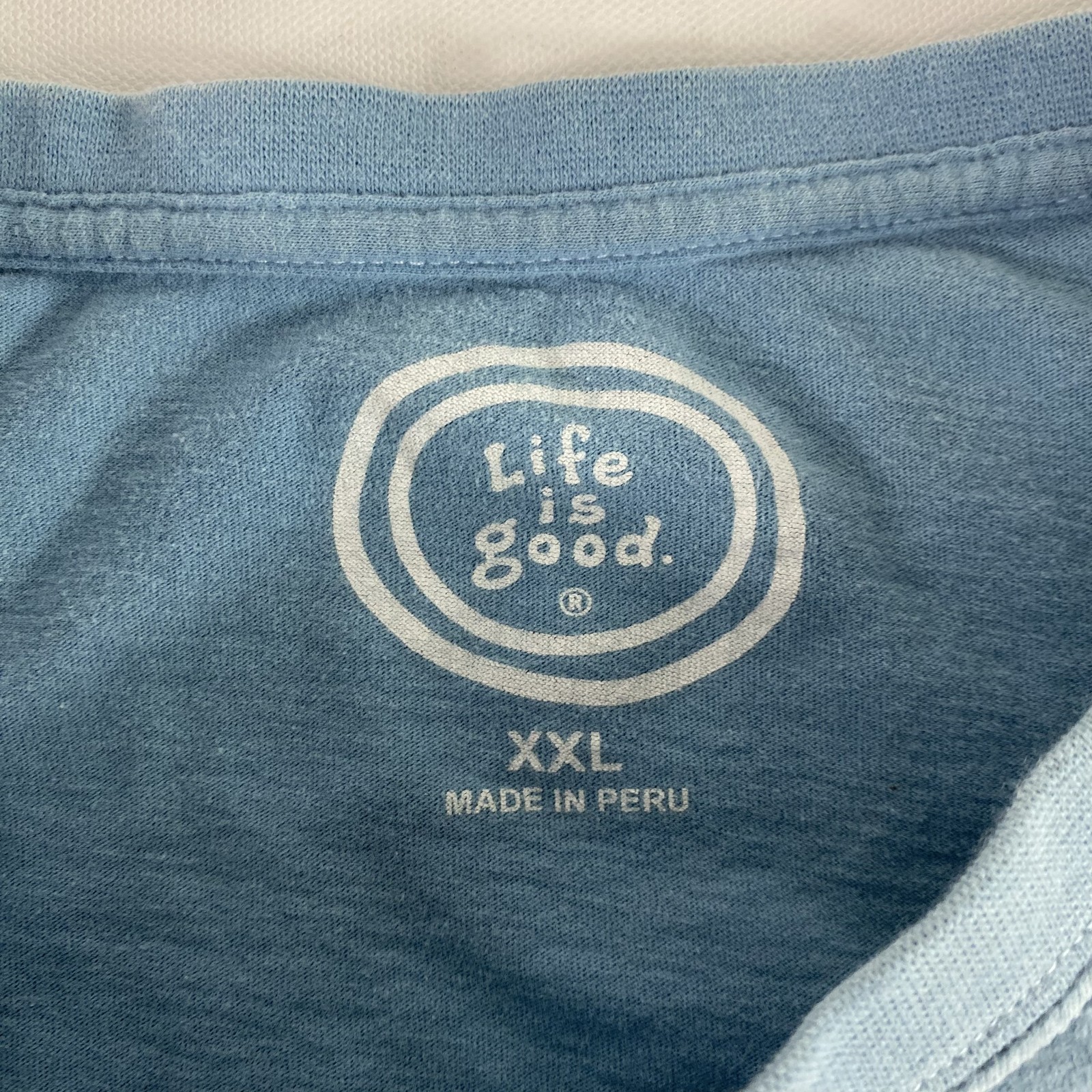 Life Is Good Shirt Mens 2XL Blue 94 Distressed Graphic Tee Made In Peru Cotton
