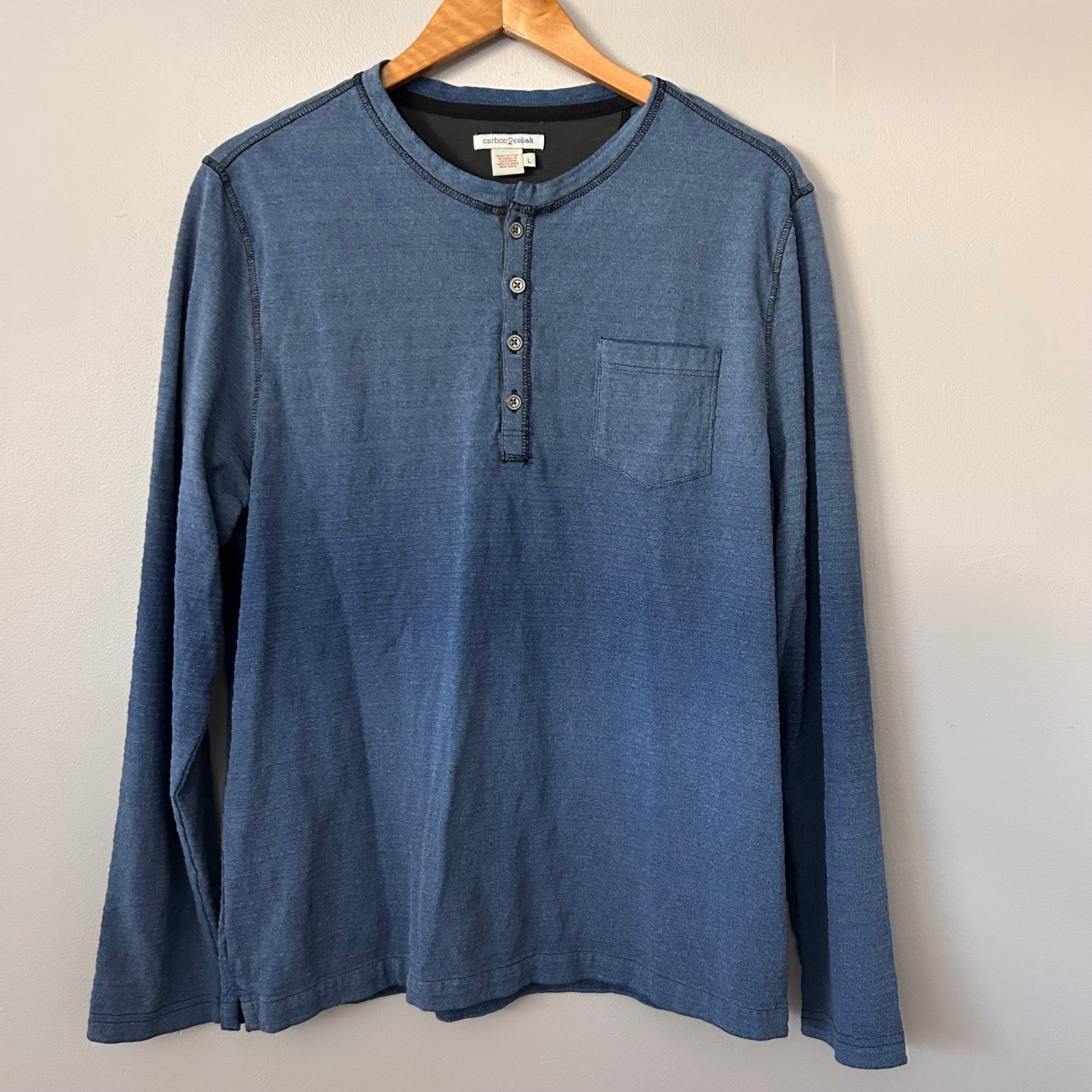 Carbon 2 Cobalt Shirt Mens Large Blue Cotton Long Sleeve Watermark Henley