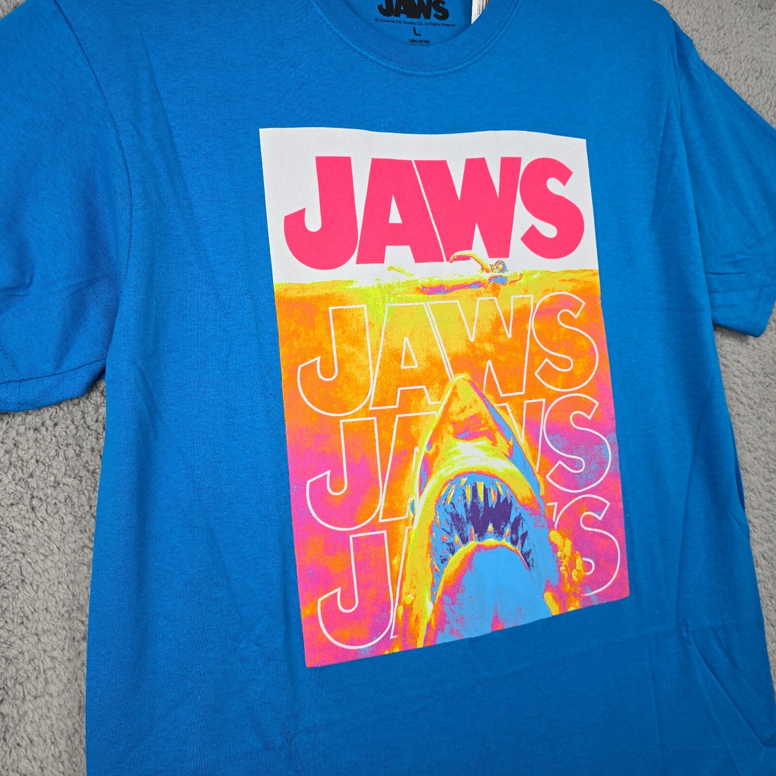JAWS Shirt Mens Large Blue Orange Casual Movie Film Shark Poster Swimmer NWT