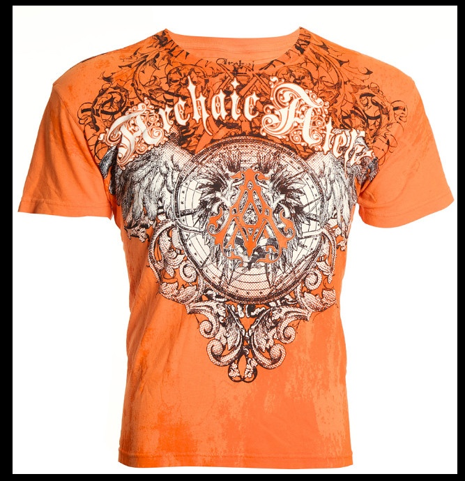ARCHAIC by AFFLICTION Orange HERMETIC Short Sleeve Slim Fit Y2K T-shirt NWT