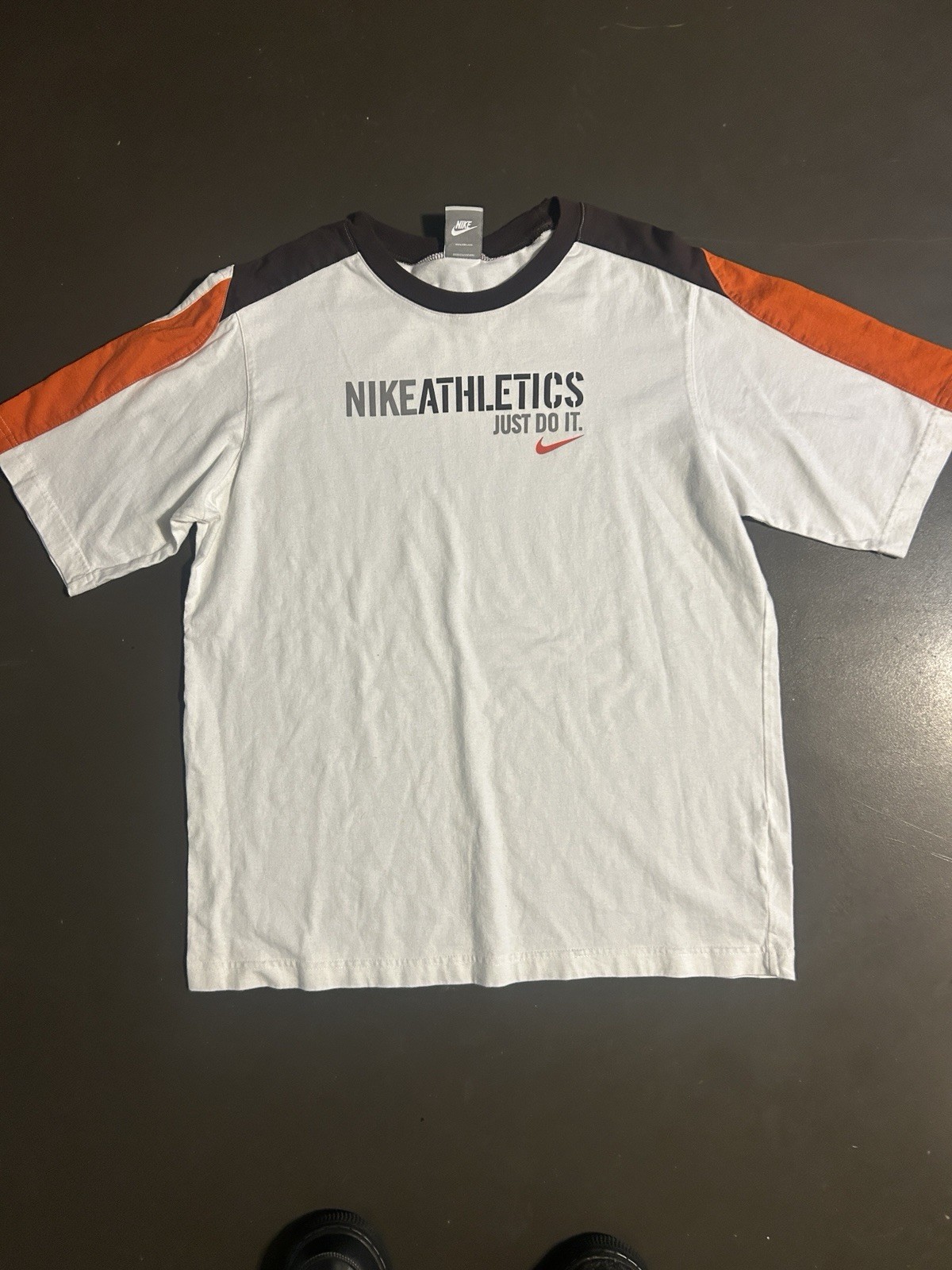 Nike Athletics Ringer T-Shirt Just Do It Graphic White/Black/Orange XL