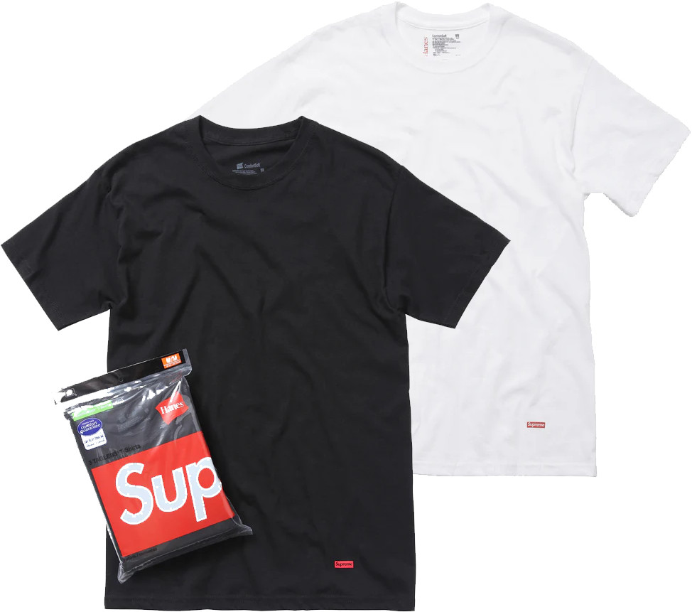 New Pack of 2 – Supreme x Hanes Tagless Tees T-Shirt Black & White – Size Large