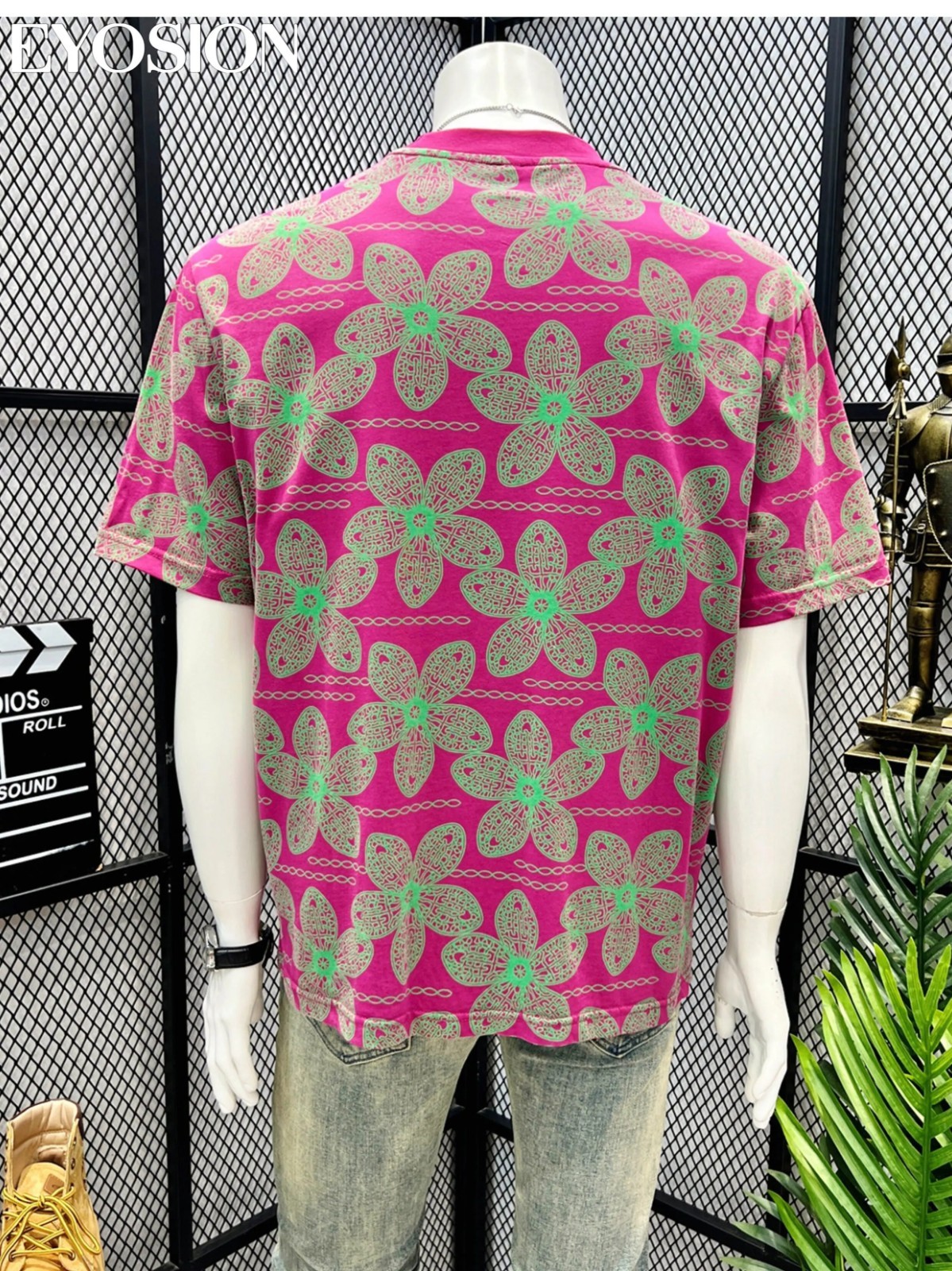 Men’s Pink Floral Print T-Shirt Casual Short Sleeve Cotton Crew Neck Summer Tee